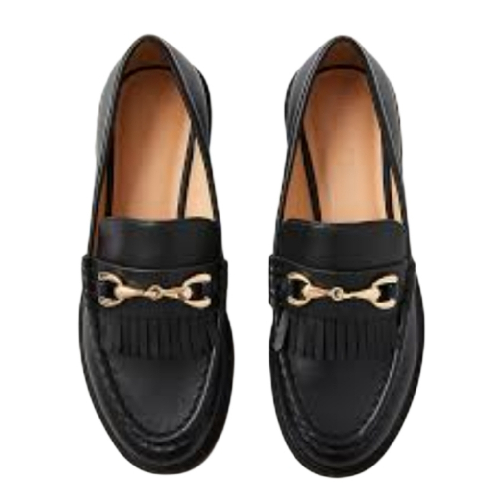NEW! ANN TAYLOR LOFT Black  Lug Sole Fringe Loafer Gold Accent 7.5.